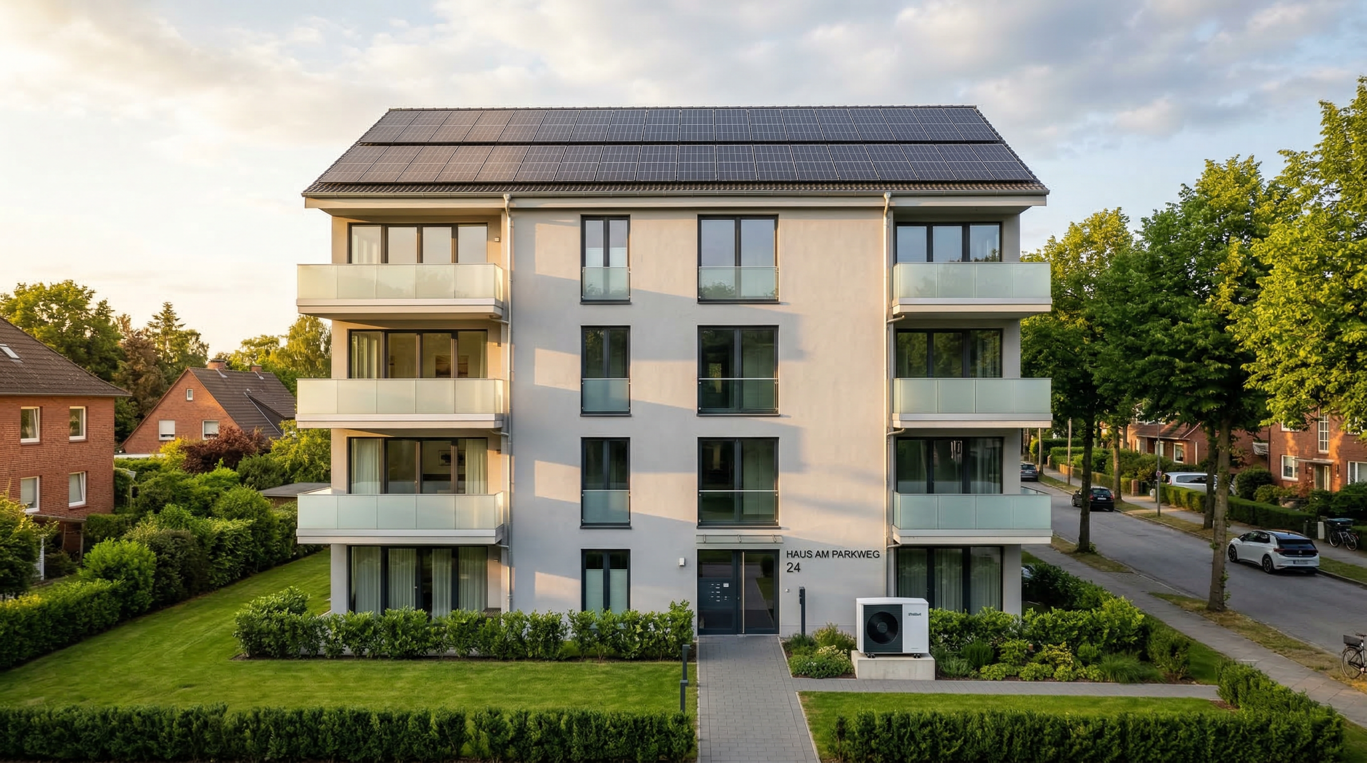 Modernes Mehrfamilienhaus mit Photovoltaikanlage auf dem Dach bei goldener Stunde – Mieterstrom von Neshtec